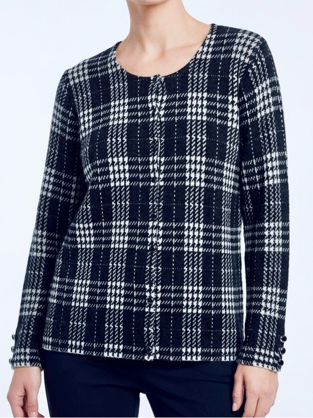 PREMISE Black & White Plaid Long-Sleeve Knit Sweater Cardigan Jewel Buttons #LHP
